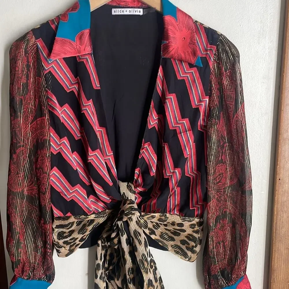 Alice + Olivia Multi-Color Mixed Print Wrap Blouse - Picture 4 of 16